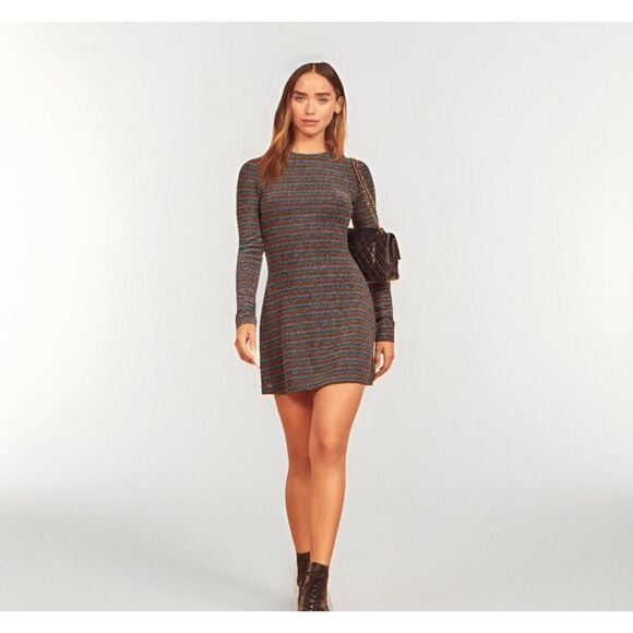Reformation Dress Riley Sparkle Stripe Blue Red Long Sleeve Retro Knit Mini S - Picture 1 of 5